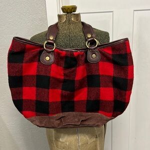 LUCKY BRAND BUFFALO PLAID RED & BLACK WOOL, COTTON & LEATHER BAG